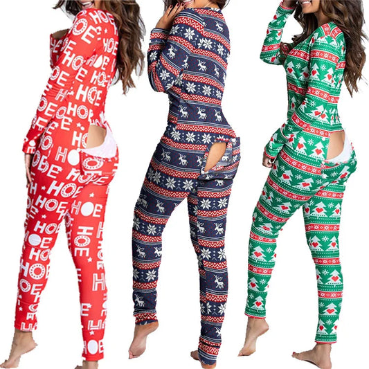 Women's Pajamas Christmas Printed Sexy Jumpsuit Fashion Casual Button Front Bottom Rear Hip Opening Flip Jumpsuits