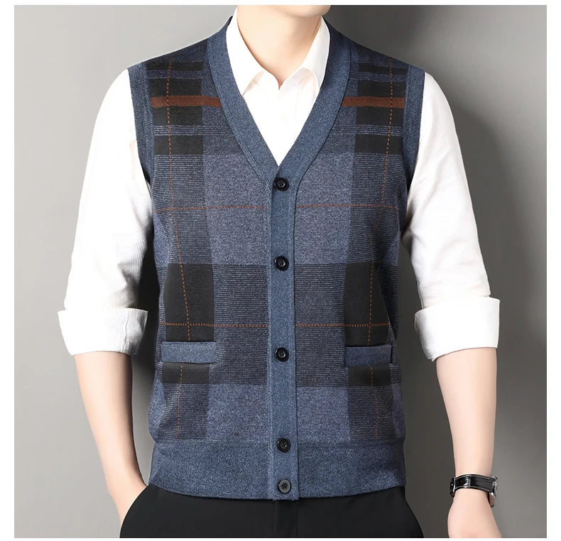 New Autumn Male Vest Sleeveless Sweater Fleece Cardigan Warm Knitted Checkered Business Casual Button Up Coat Men's Clothing