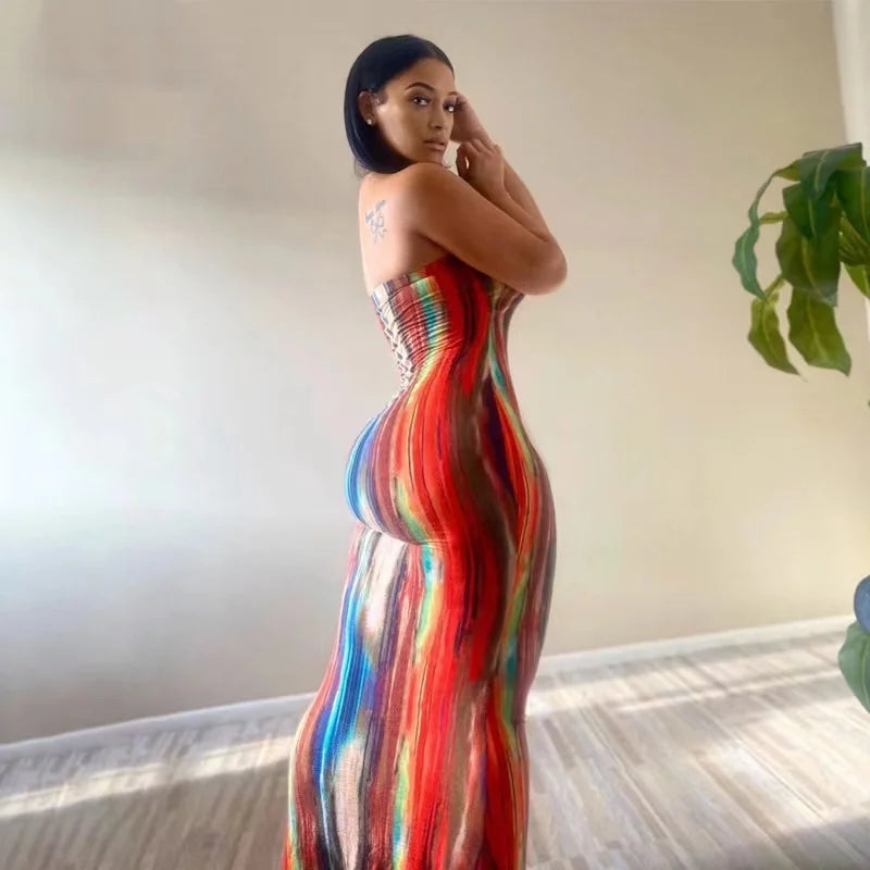 2025 Summer Women's Print Slim Sexy Strapless Long Vintage Dress  Robe Vestido Streetwear Evening Dresses