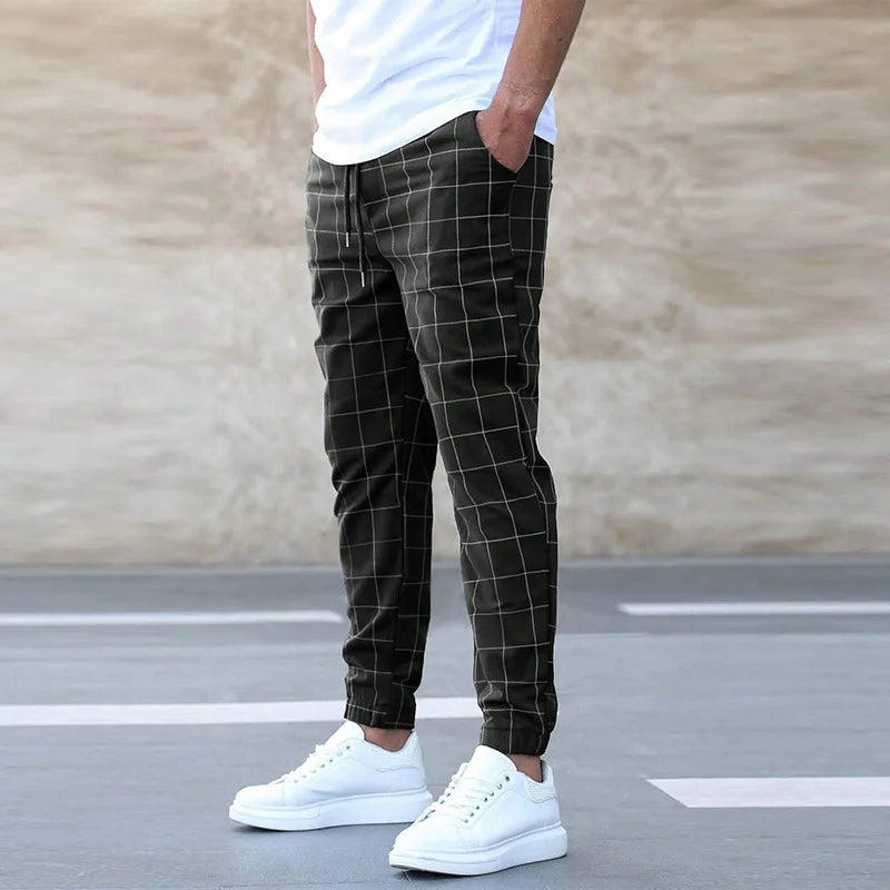 New Fashion Men Pants Mid Waist Slims Fit Male Sweatpants Plaid Checkered Side Stripe Trousers Summer Work Casual Pants