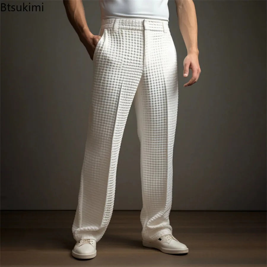 New 2025 Men's Elegant Waffle Suit Pants Solid Loose Straight Trousers Business Social Dress Pants Casual Vacation Pants for Men