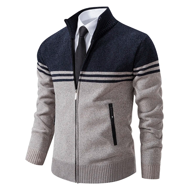 Men's New Winter Sweater Thick Fleece Warm Sweater Casual Stand Collar Zipper Cardigan Fashion Striped Coat