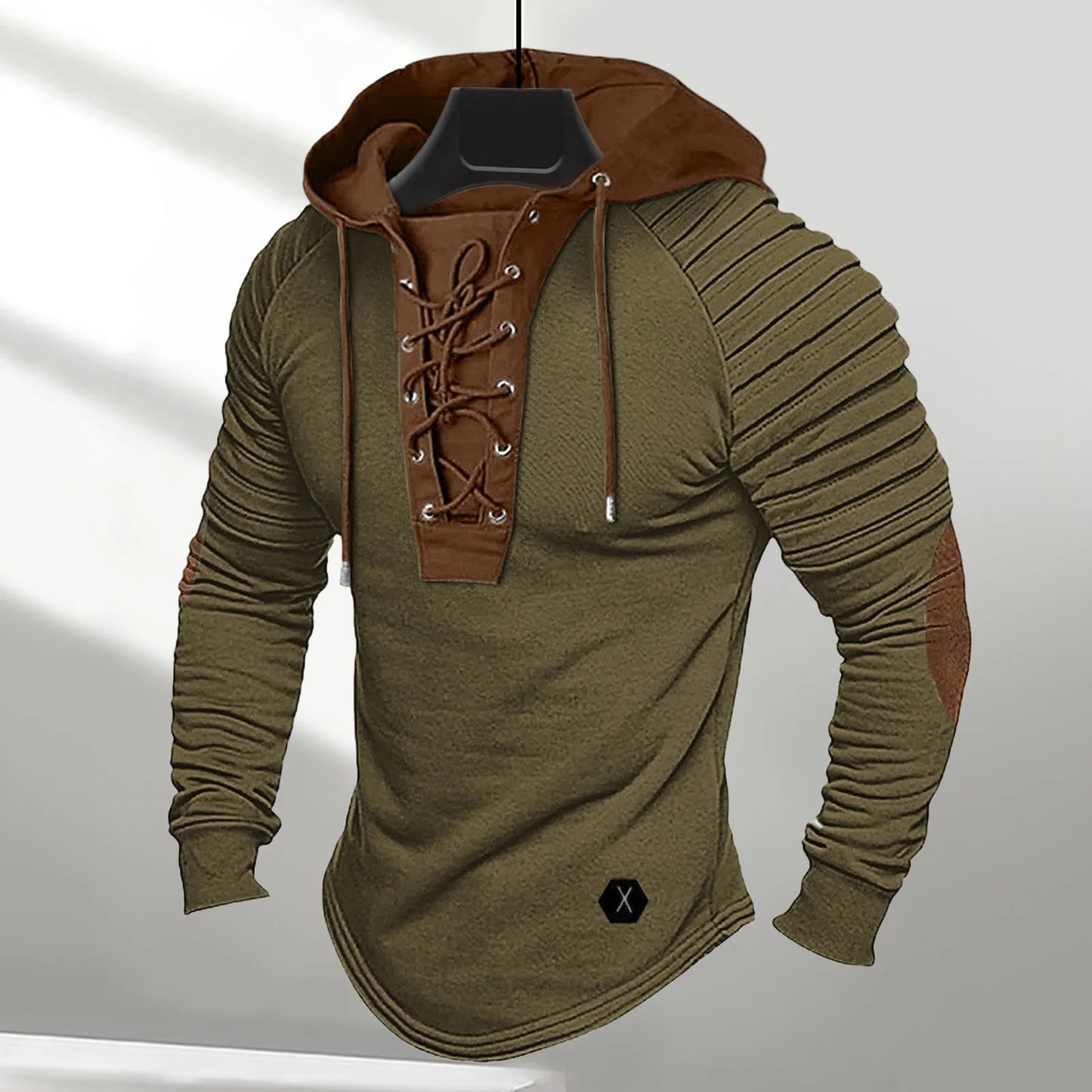 Men Spring Fall Hoodie Pleated Shoulder Colorblock Drawstring Hooded Top Long Sleeve Pullover Lace-up Retro Men Daily Hoodie