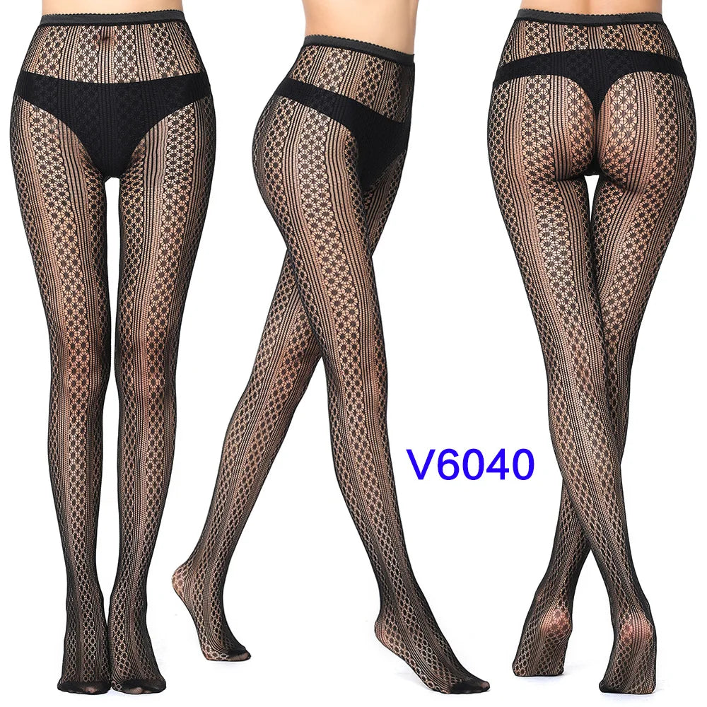 Women Sexy Fishnet Tights Jacquard Weave Seamless Pantyhose Yarns Garter Grid Fish Net Stockings Black Spider Gothic Lace Tights