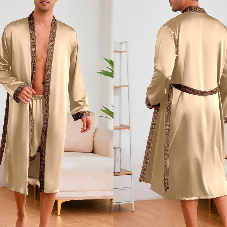Male Ice Silk Pajamas 2Pcs Robe Suit Man Sleepwear Summer Spring Kimono Loungewear Peignoir Homme Nightwear Bathrobe Gown