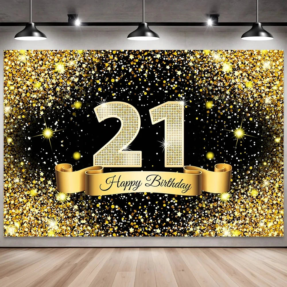 Golden black birthday party background, 18-40-50-60-year-old photography background, photo booth logo, poster background banner