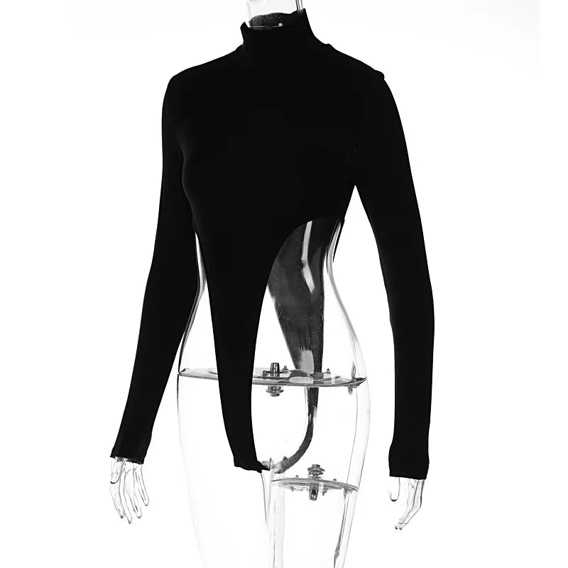 Sexy Black Long Sleeve Turtleneck Bodysuit Women Bodies High Leg Cut Out Hot Thong Women's Bodysuits