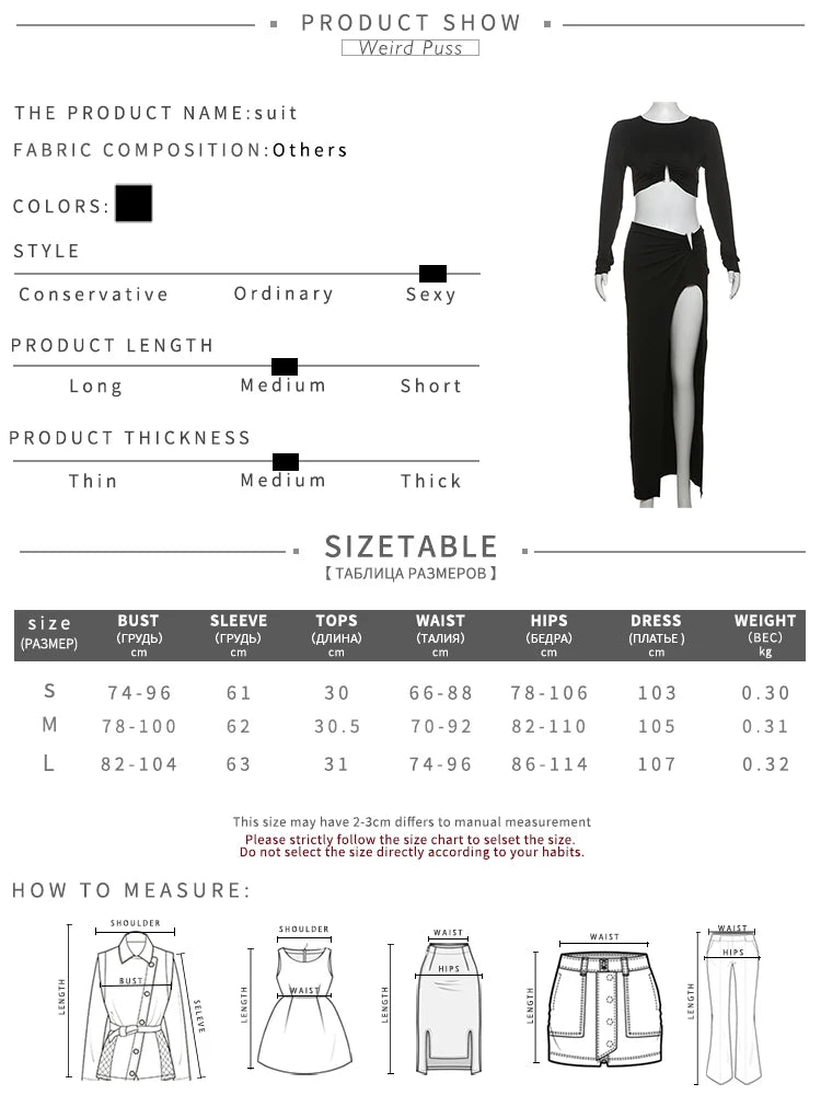 Weird Puss Fall Trend Women 2 Piece Set Chic Metal Buckle Ruched Long Sleeve Crop Tops+High Split Skirts Skinny Matching Suits