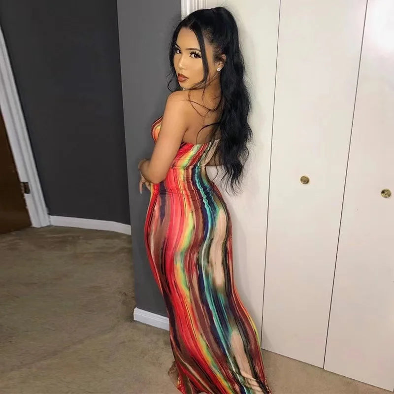 2025 Summer Women's Print Slim Sexy Strapless Long Vintage Dress  Robe Vestido Streetwear Evening Dresses