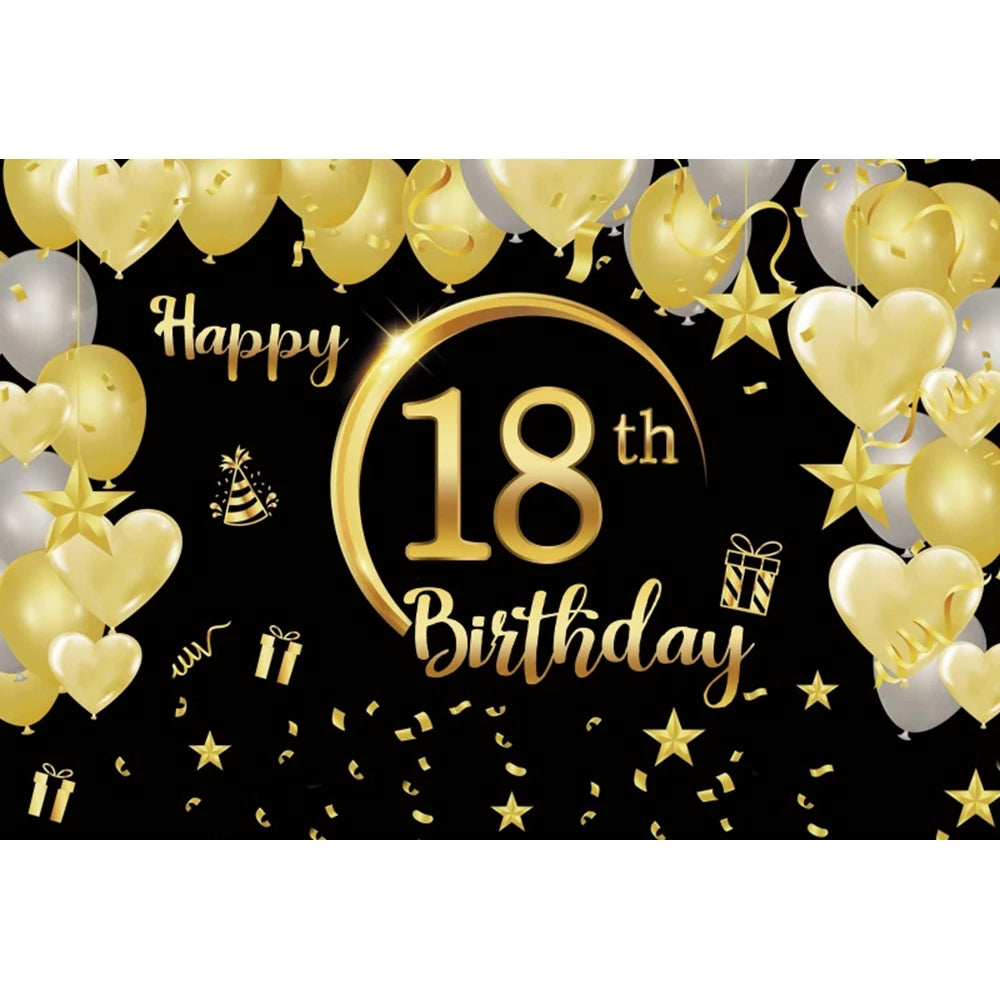 18th Birthday Photography Background Black Golden Glitter Balloons Boys Girls 18 Years Old Birthday Party Decoration Backdrops