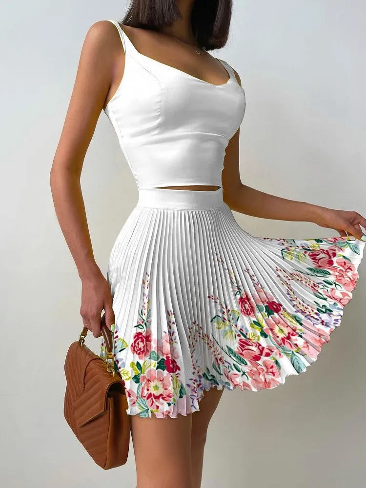 Sexy Printed Halter Pleated Short Skirt 2 Piece Set