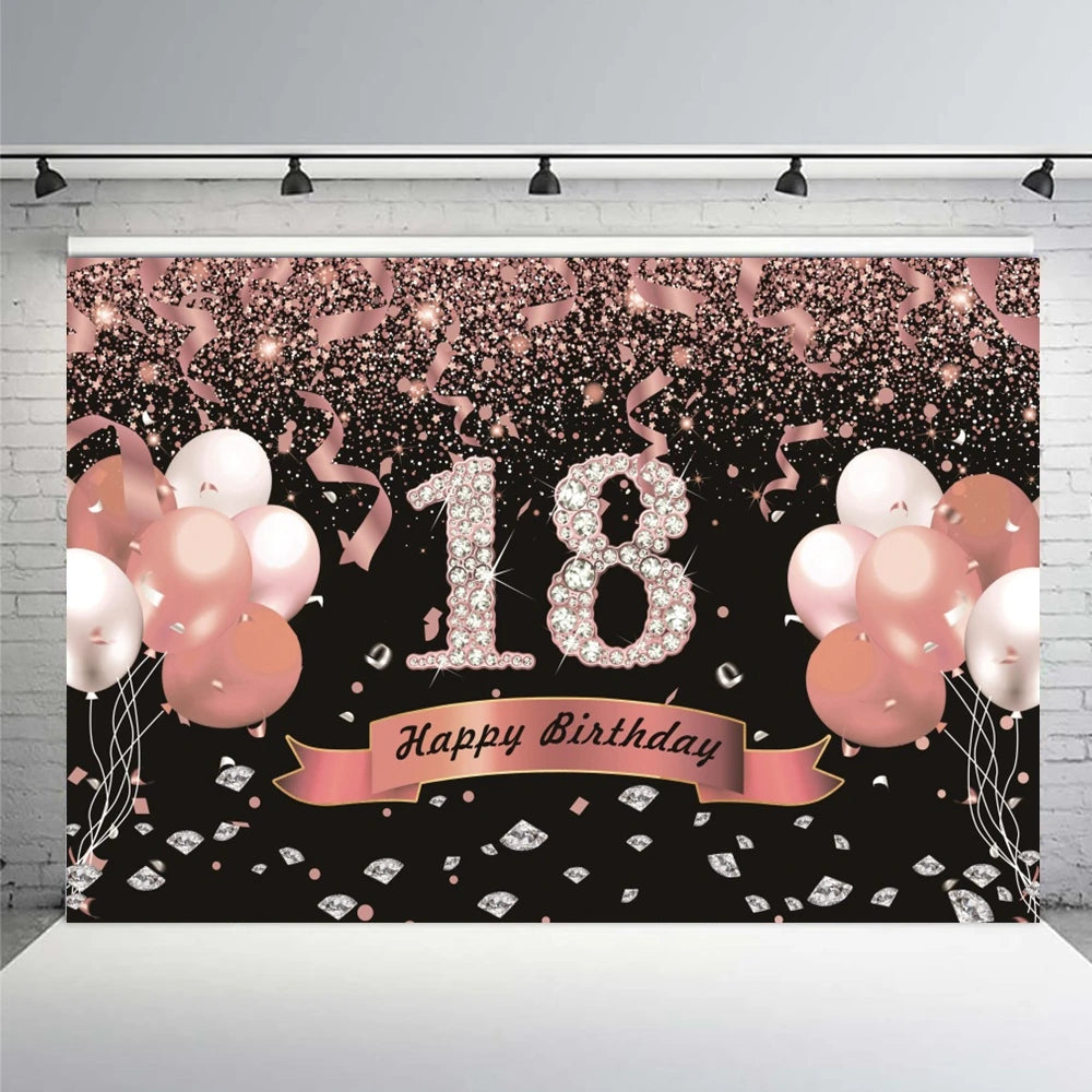 18th Birthday Photography Background Black Golden Glitter Balloons Boys Girls 18 Years Old Birthday Party Decoration Backdrops