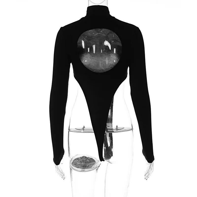 Sexy Black Long Sleeve Turtleneck Bodysuit Women Bodies High Leg Cut Out Hot Thong Women's Bodysuits