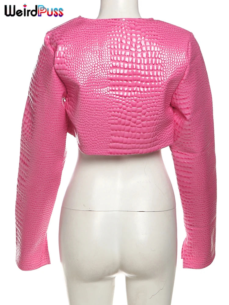 Weird Puss Faux Leather Jacket Women Hipster Snake Print Fall Trend O-Neck Full Sleeve Street Wild Basic Outwear Crop Overcoat