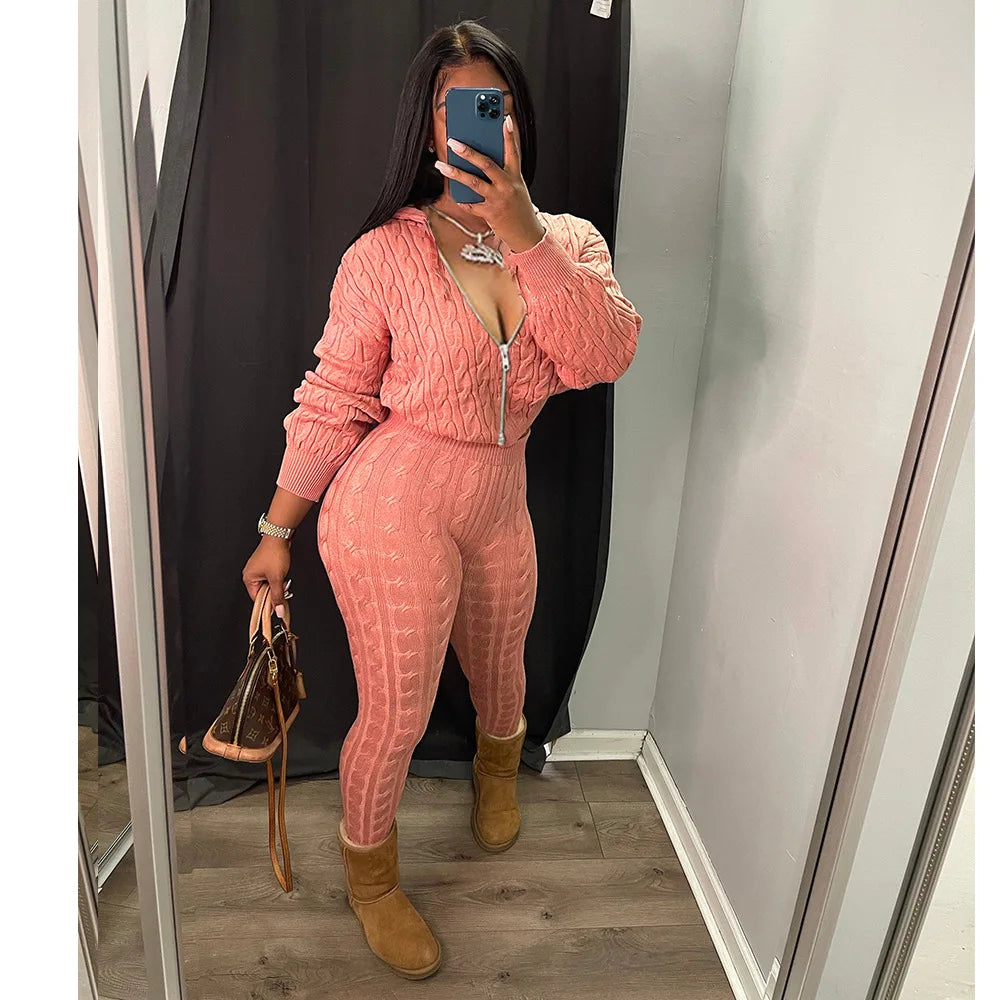 Knit Two Piece Sets Women Hooded Cardigan Pants Suits Spring Autumn Winter Clothing Sportswear Joggers Tracksuit Matching Sets