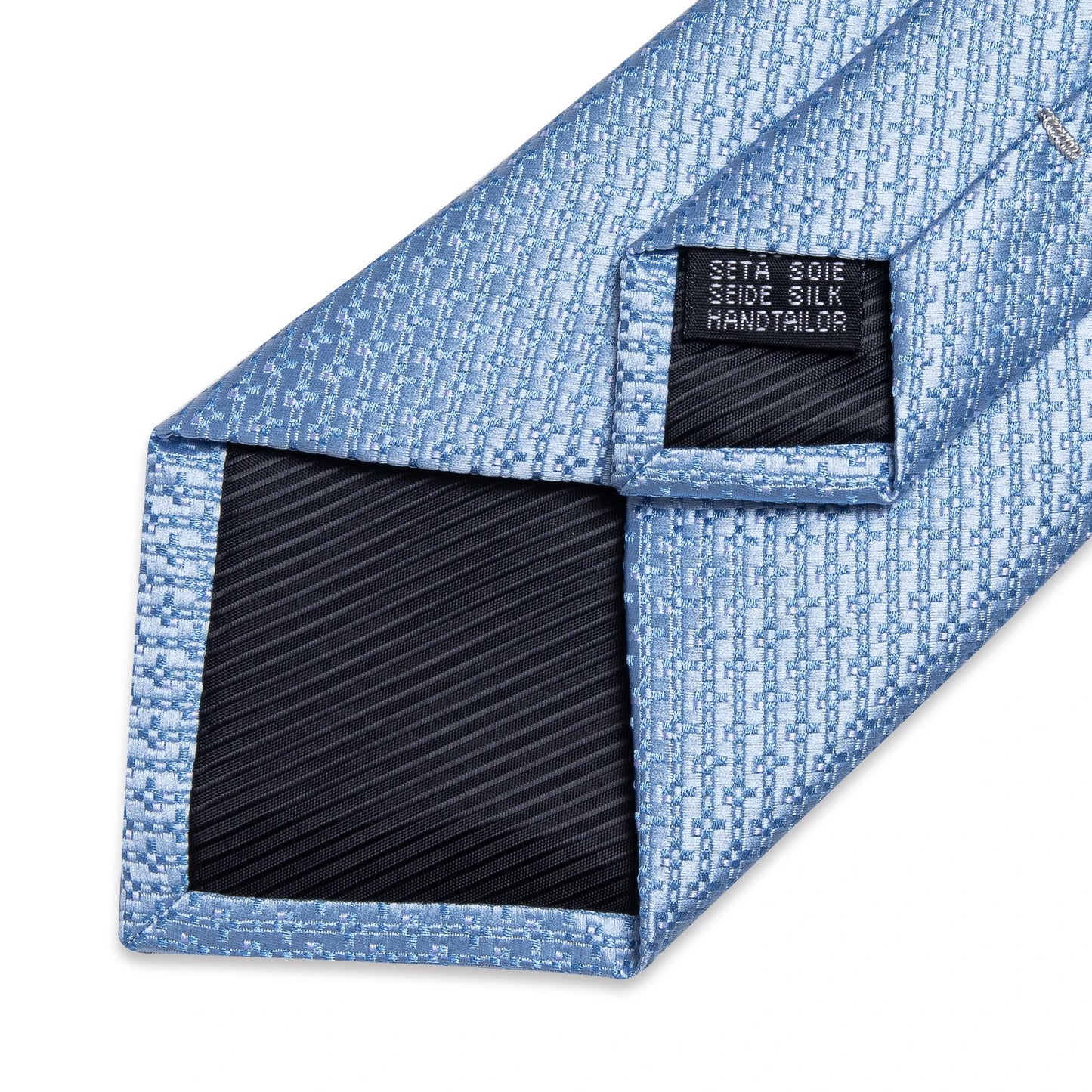 New Light Blue Solid Plaid Silk Ties for Men Luxury Wedding Party Necktie Men's Suits Accessories Pocket Square Cufflinks