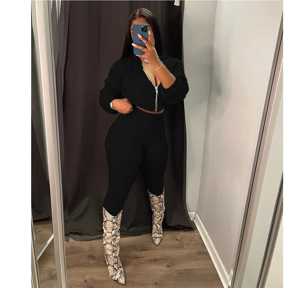 Knit Two Piece Sets Women Hooded Cardigan Pants Suits Spring Autumn Winter Clothing Sportswear Joggers Tracksuit Matching Sets