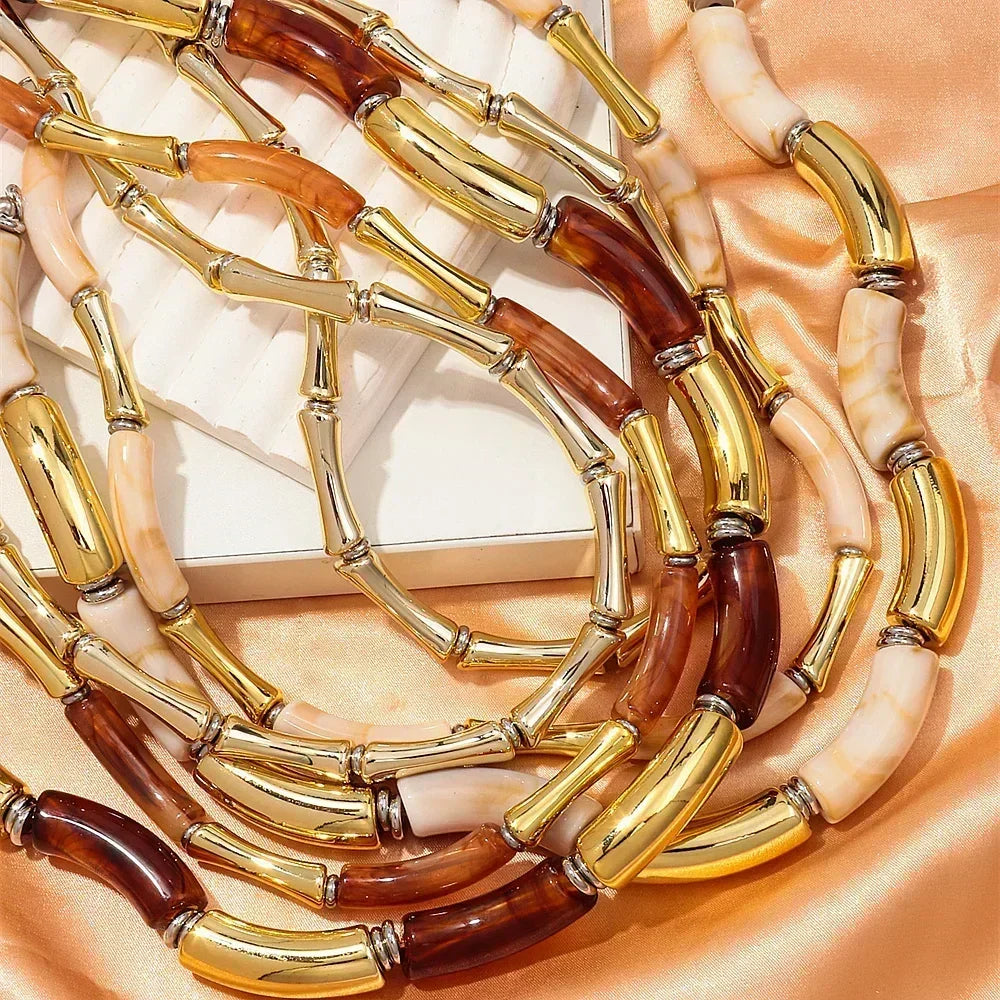 3 pieces/set Bohemian Acrylic Bamboo Beads Choker Necklace Set for Women Chunky Tube Necklaces 2024 Accessories Jewelry Femstylo