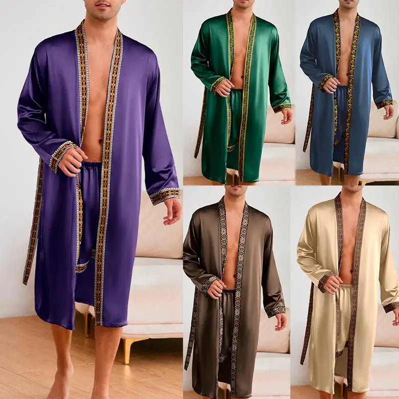 Male Ice Silk Pajamas 2Pcs Robe Suit Man Sleepwear Summer Spring Kimono Loungewear Peignoir Homme Nightwear Bathrobe Gown