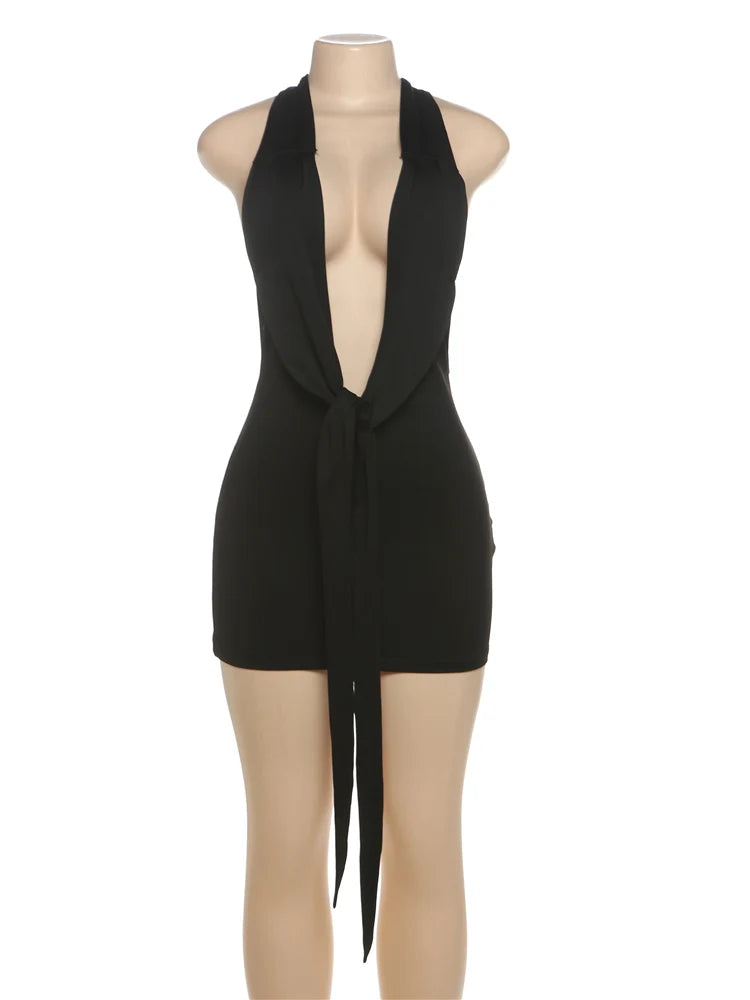 Weird Puss Sexy Halter Dress Women Backless Deep V-Neck Tight Bandage Summer Midnight Hottie Sexy Clubwear Trend Hipster Bodycon
