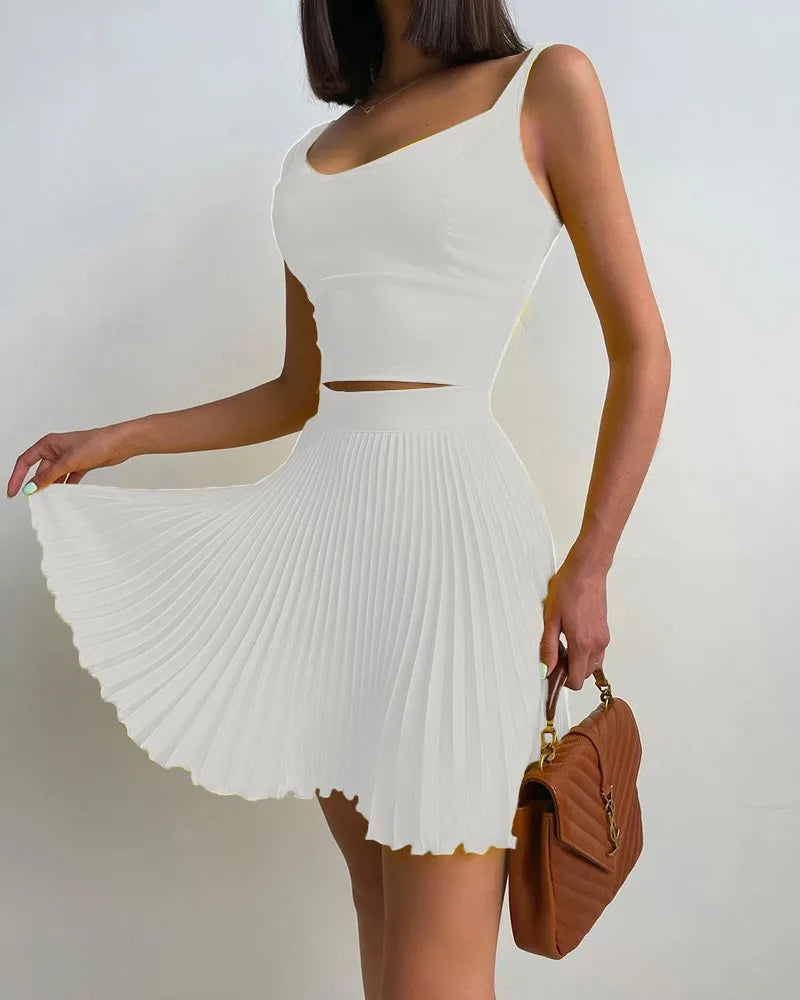 Sexy Printed Halter Pleated Short Skirt 2 Piece Set