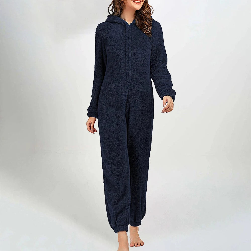 Cross border Women Onesie Pajamas Winter Thick Warm Long-sleeved Hooded Jumpsuit Plush Fleece Cute Cat Ears Rompers Loungewear