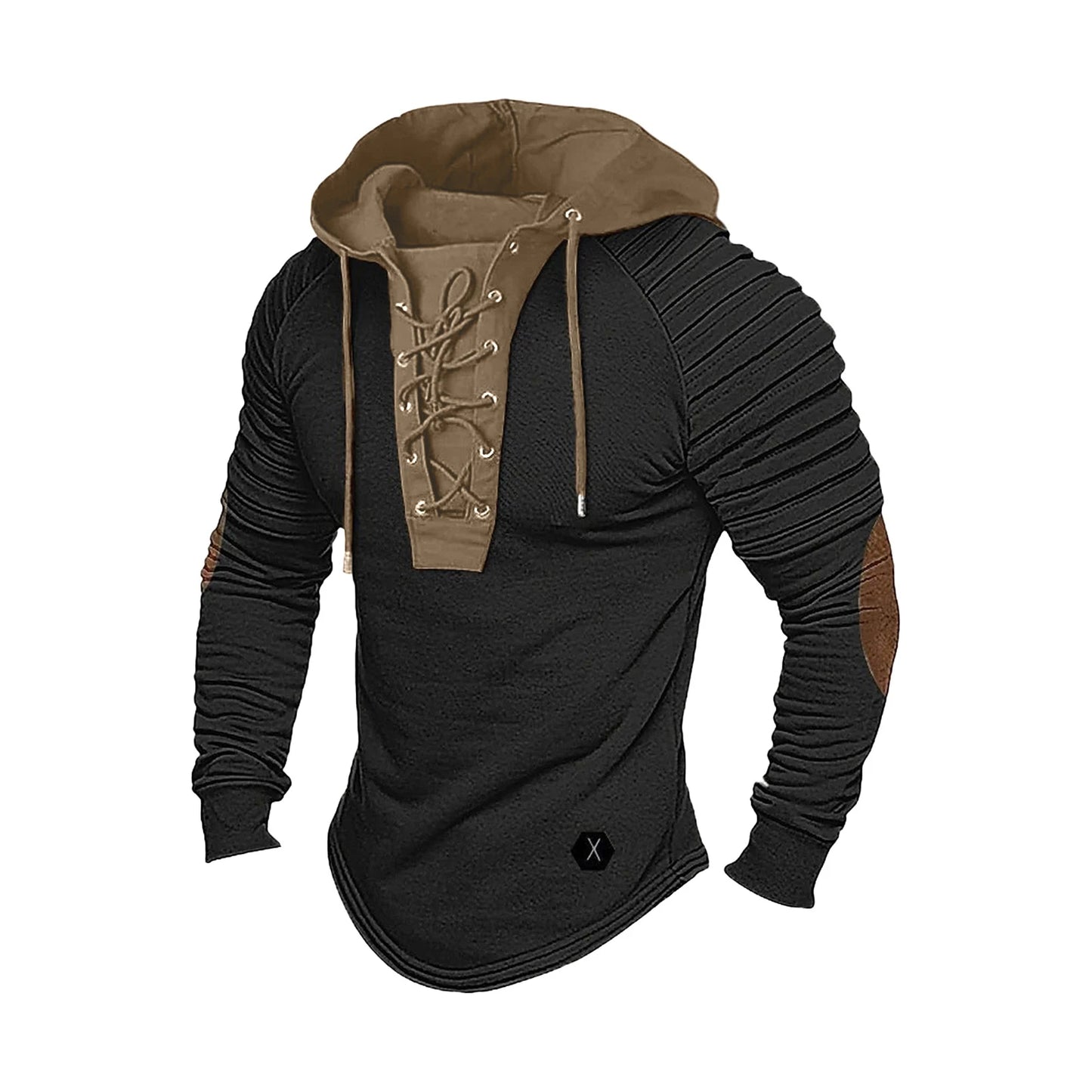 Men Spring Fall Hoodie Pleated Shoulder Colorblock Drawstring Hooded Top Long Sleeve Pullover Lace-up Retro Men Daily Hoodie