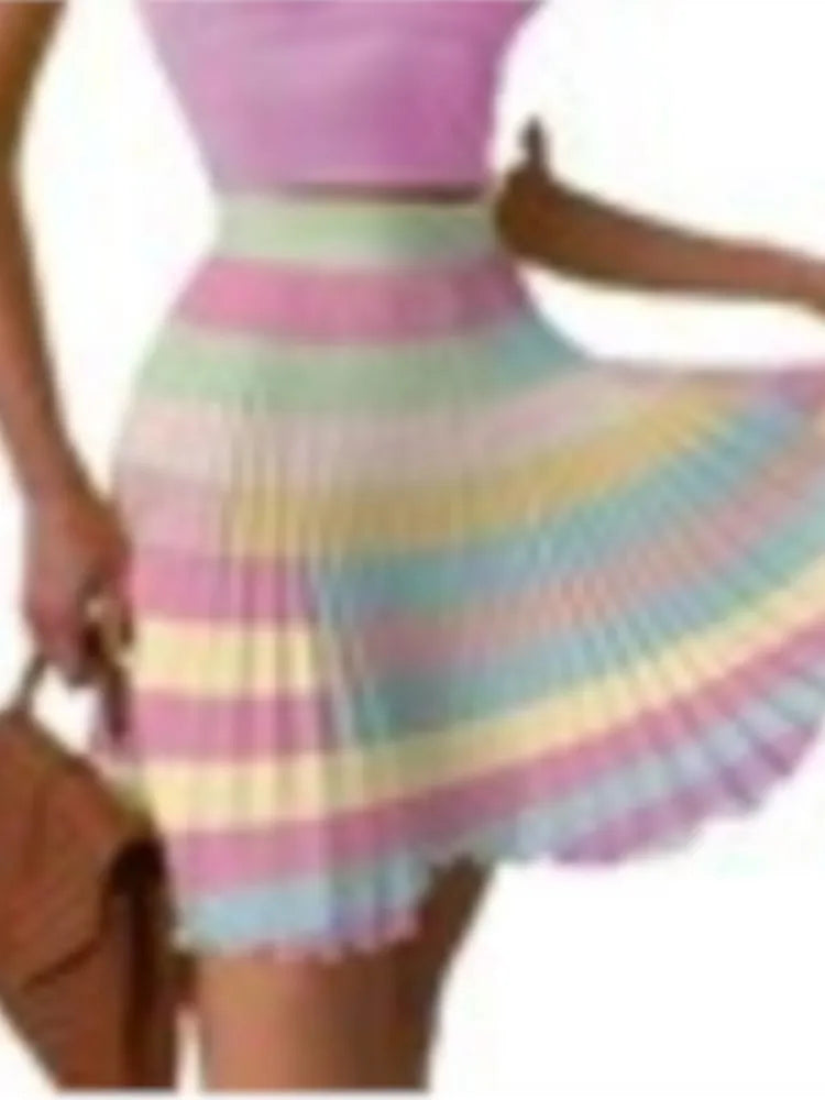 Sexy Printed Halter Pleated Short Skirt 2 Piece Set