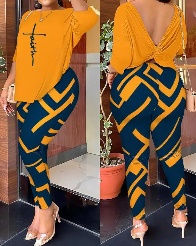 New Fashion Summer Casual Womens Two Piece Sets Outfit Tie Dye Print Twisted Backless Top & Pants Set Sexy Female Suit