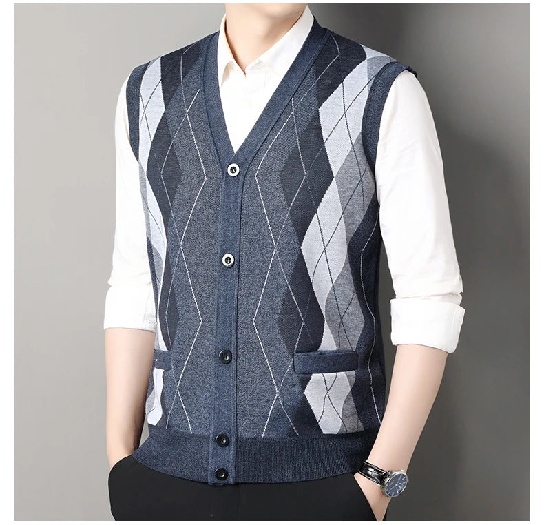 New Autumn Male Vest Sleeveless Sweater Fleece Cardigan Warm Knitted Checkered Business Casual Button Up Coat Men's Clothing