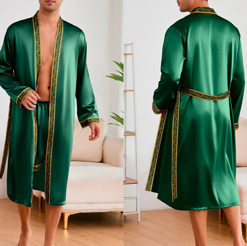 Male Ice Silk Pajamas 2Pcs Robe Suit Man Sleepwear Summer Spring Kimono Loungewear Peignoir Homme Nightwear Bathrobe Gown