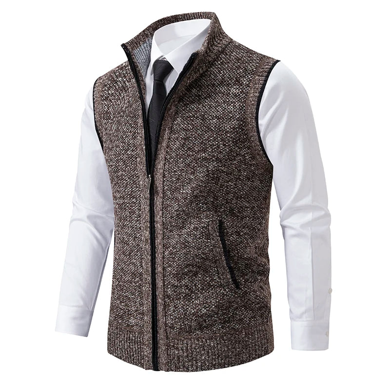 Vest Men's Knitted Sleeveless Sweater Wool Velvet Zipper Cardigan Turn-down Pullovers Turtleneck Sweatercoat Knit Waistcoat