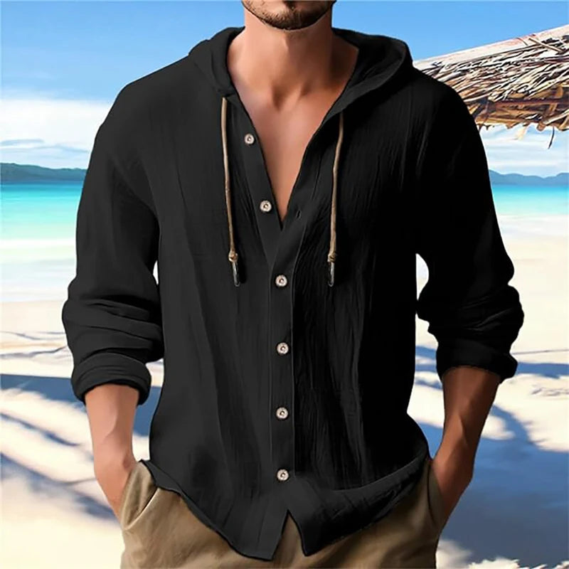 Summer Men's Linen Shirt Solid Streetwear Long Sleeve Hoodie Cardigan