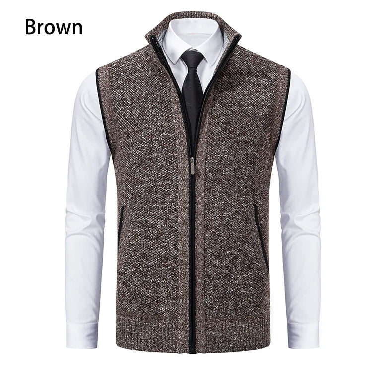 Vest Men's Knitted Sleeveless Sweater Wool Velvet Zipper Cardigan Turn-down Pullovers Turtleneck Sweatercoat Knit Waistcoat