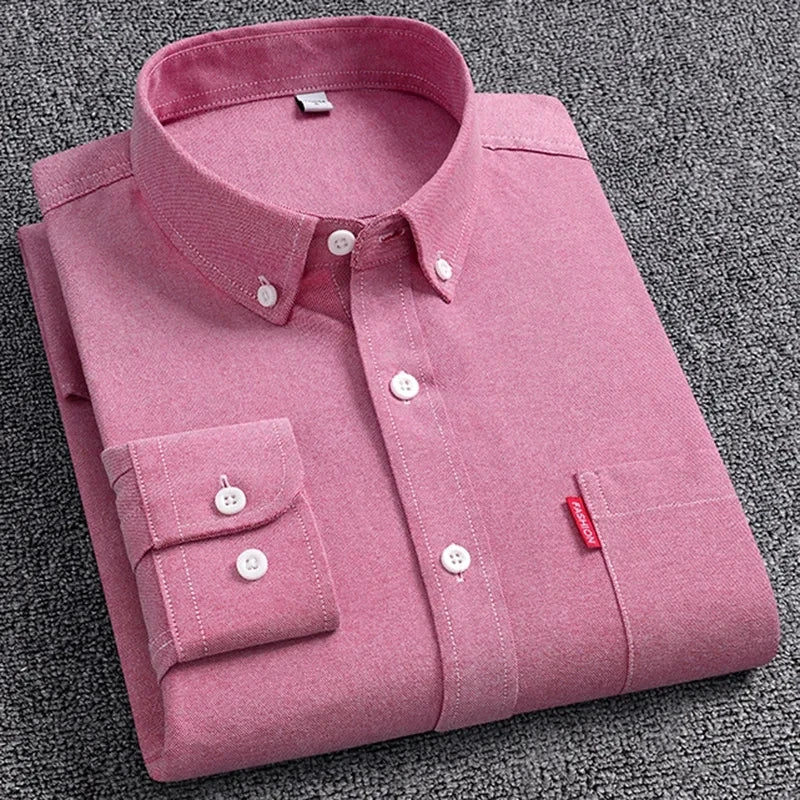 5XL Men's Oxford Long Sleeve Shirts 100% Cotton Solid Color Turn Down Collar Regular Fit Daily Men Clothing Button-down Shirts