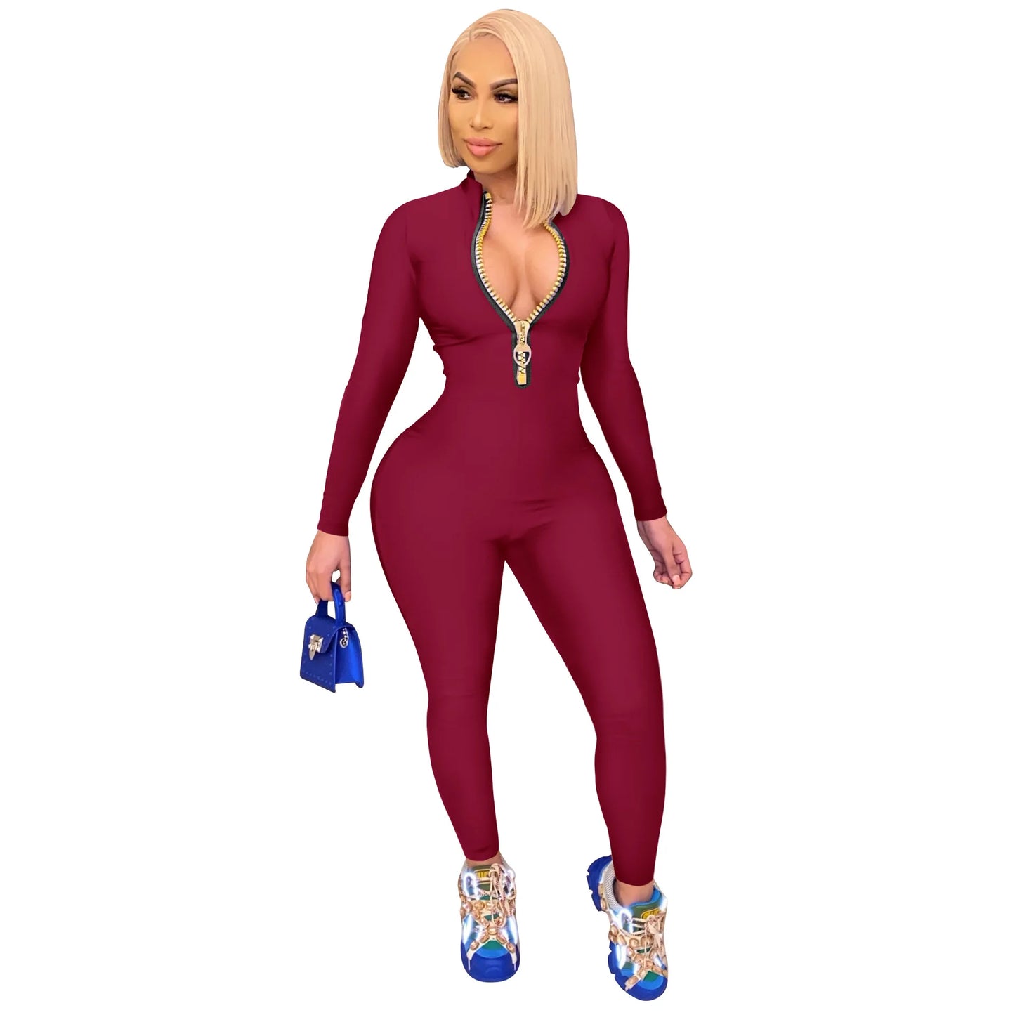 Women's Bodycon One-piece Jumpsuit Long Sleeved Big Zipper Female Casual Sport Workout Skinny Activity Wear Overalls Tops