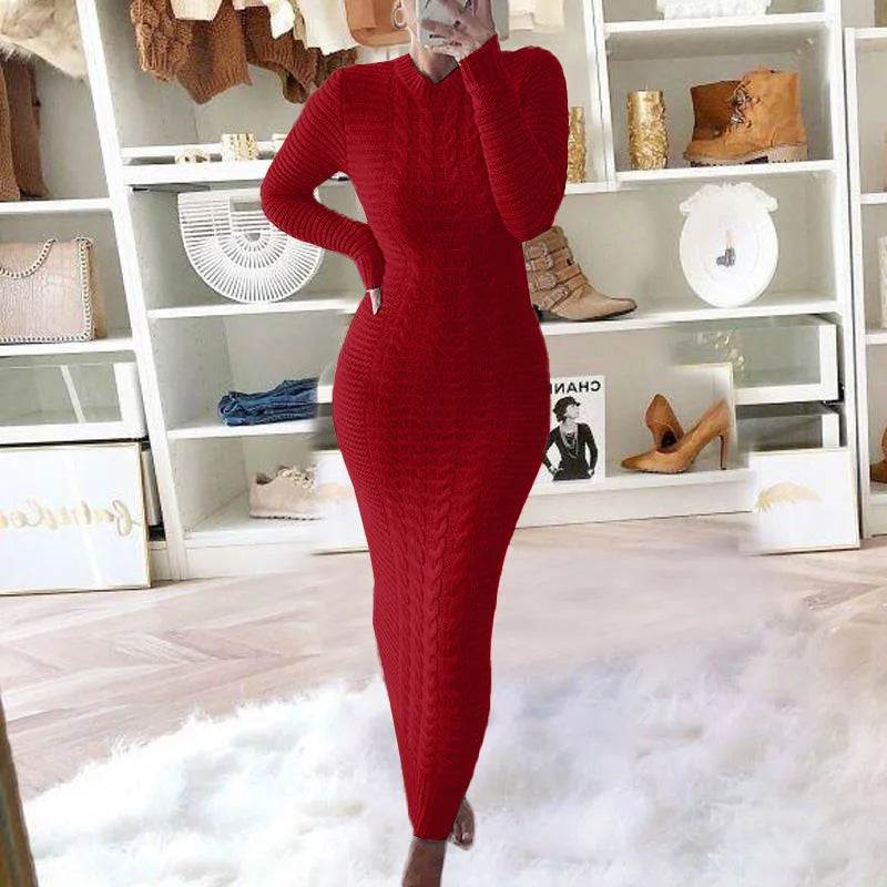 Women Long Maxi Sweater Dress Sexy Half Turtlenck Long Sleeve Tunic Knitwear Ankle Length Bodycon Party Dresses XXBLH-2808