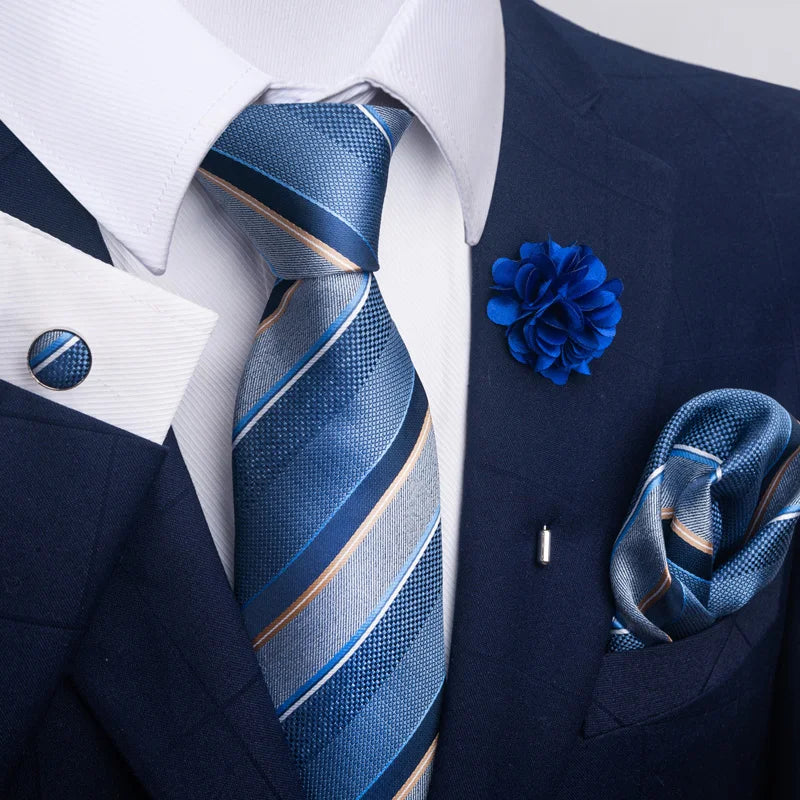 Luxury Mens Ties Floral Black Gold Ties Paisley NeckTie Pocket Square Cufflinks Brooch Set Men's Wedding Party Tie