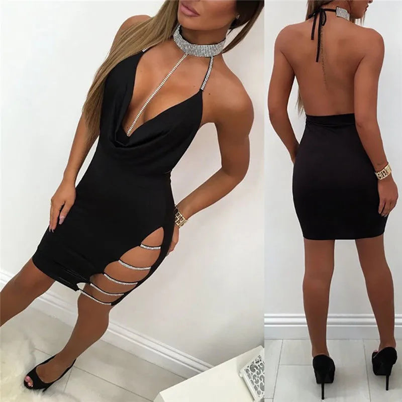 Sexy Deep V Neck Low-cut Side Split Silver Collar Bodycon Dress Women Elegant Backless Sleeveless Mini Dress Club Party Vestidos