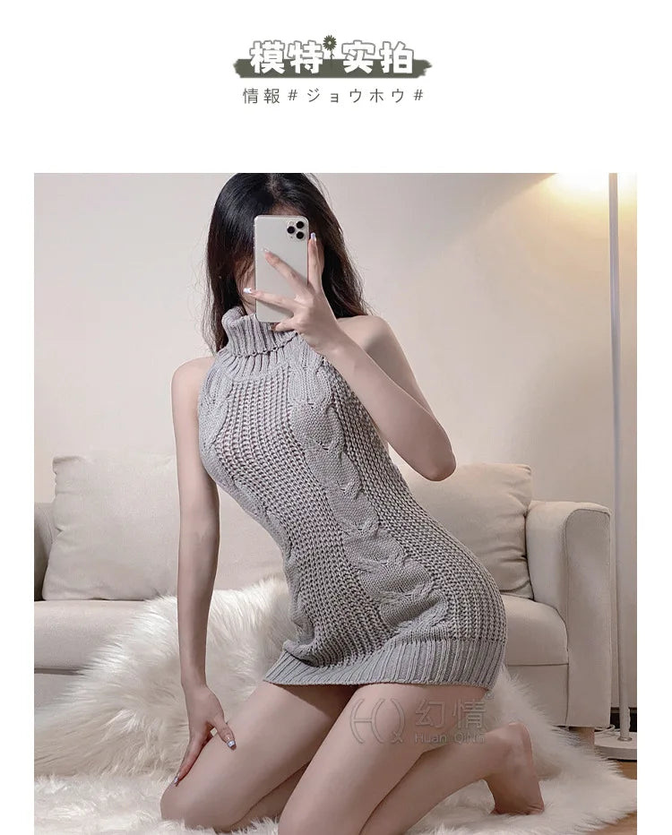 High Neck Knitted Sweater Sexy Backless Women New Dress Sleeveless Charm Solid Color Mature Fashion Elegant Soft Resilient AK74