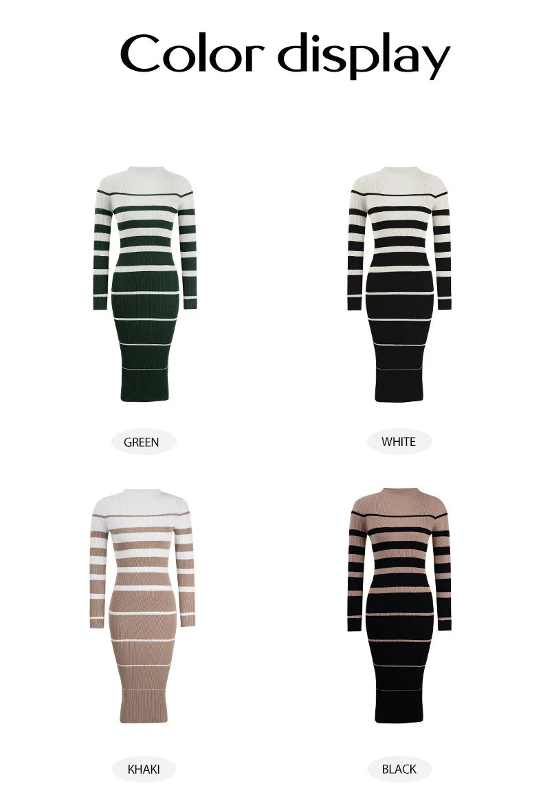 Women'S Fall Striped Sweater Midi Dress Round Neck Long Sleeve Ribbed Knit Slim Fit Dress New Long Sleeve Dress