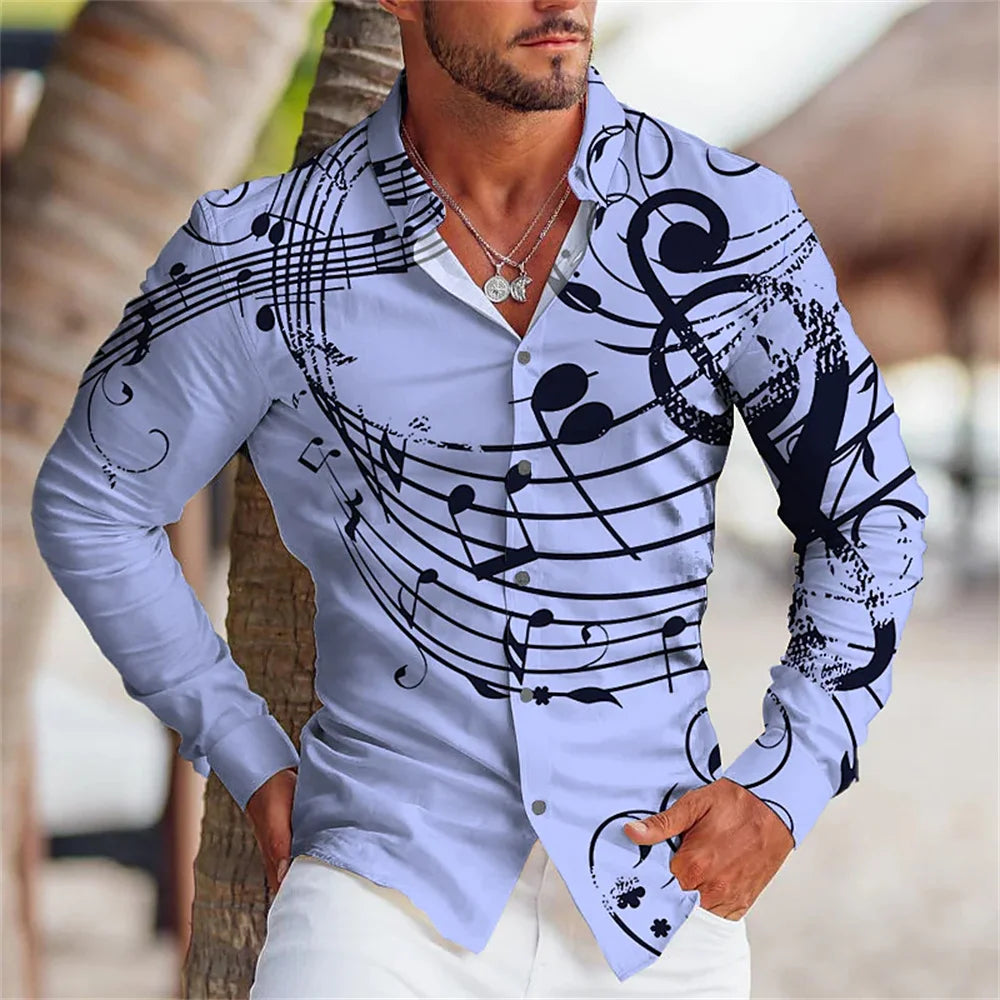 New Men's High Quality Luxury Prom Fashion Social 3D Line Graph Print Polo Button Fashion Designer Long Sleeve Men's Shirt