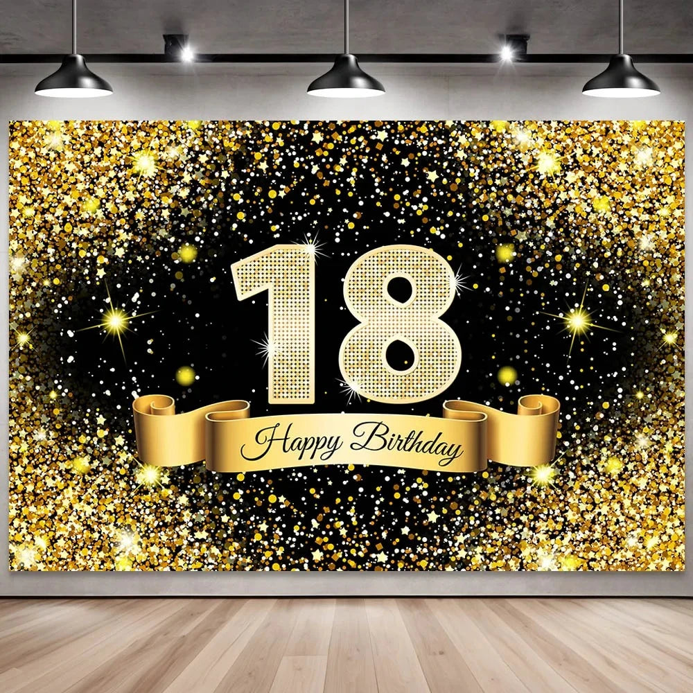 Golden black birthday party background, 18-40-50-60-year-old photography background, photo booth logo, poster background banner