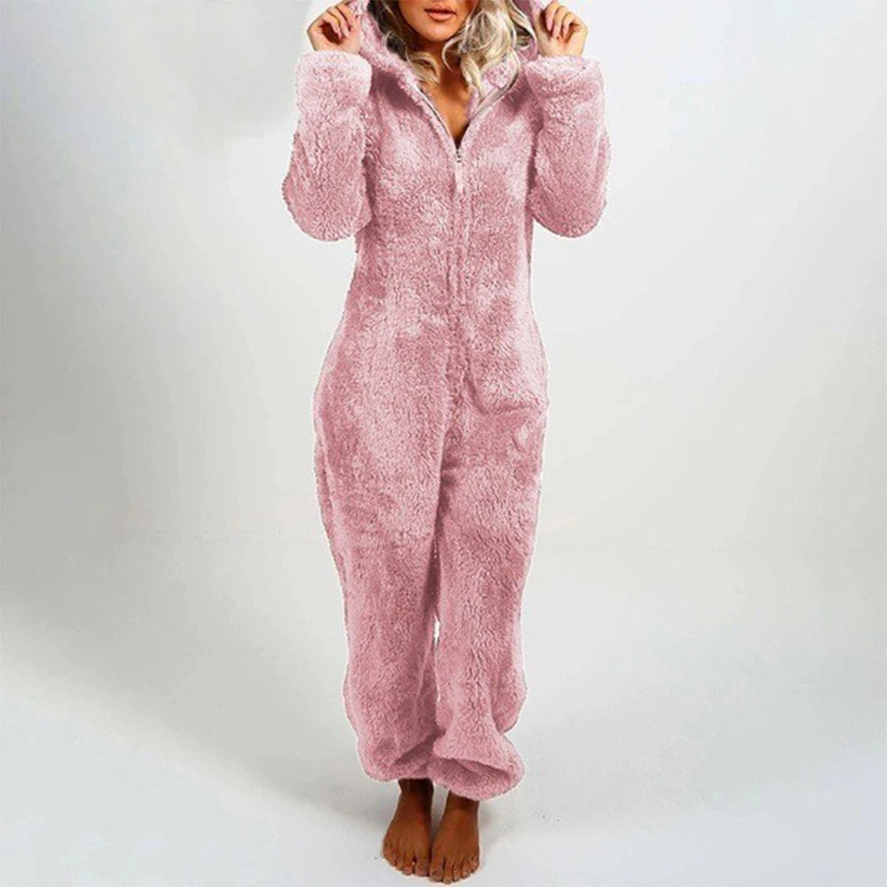 Cross border Women Onesie Pajamas Winter Thick Warm Long-sleeved Hooded Jumpsuit Plush Fleece Cute Cat Ears Rompers Loungewear