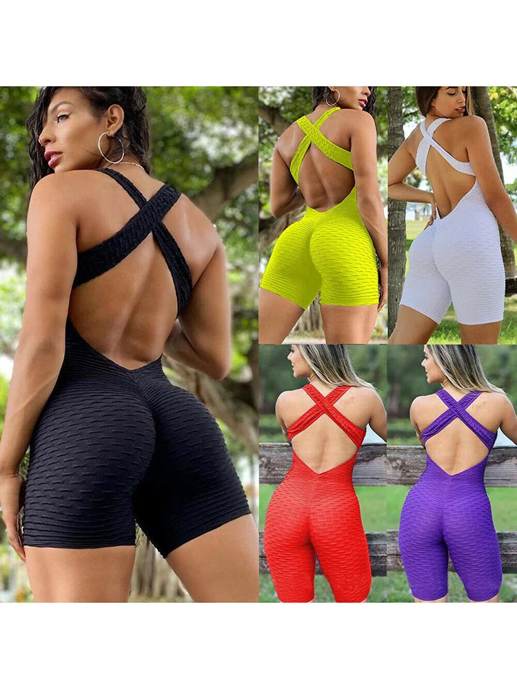 Women's Sports Suit Sleeveless Backless Jumpsuits Costume Quick Dry Gym Bodysuit Tracksuit Fitness Tights Scrunch Leggings