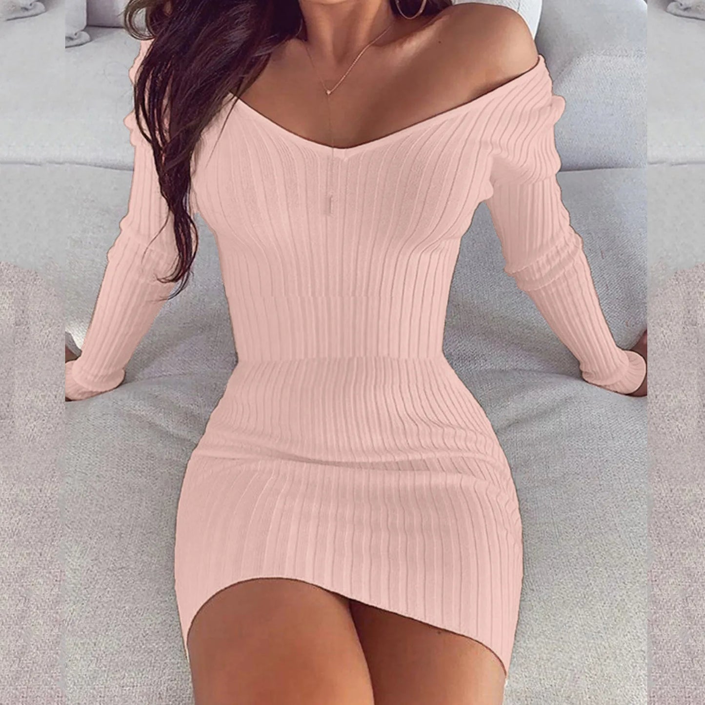 Sexy Off Shoulder Long Sleeve Bodycon Dress For Women Spring Autumn White Knitted Sweater Mini Woman Dresses Robe Femme