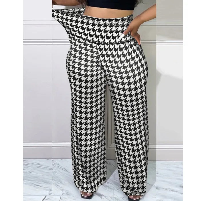 Elegant Women's Pants Summer Streetwear Plaid Print Casual High Waist Wide Leg Daily Long Trousers Without Top for Female