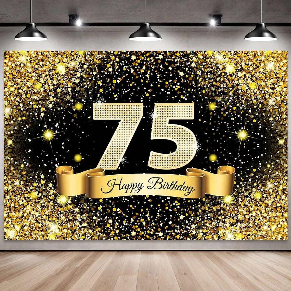 Golden black birthday party background, 18-40-50-60-year-old photography background, photo booth logo, poster background banner
