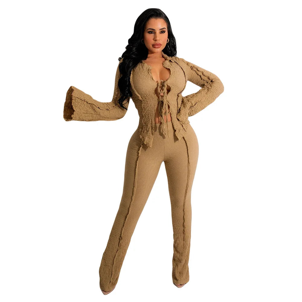 2 Piece Set Women Sexy Lace-up Pants Suits Solid 2pcs Sets Matching Sets Outfits Tracksuit Autumn Winter Clothing