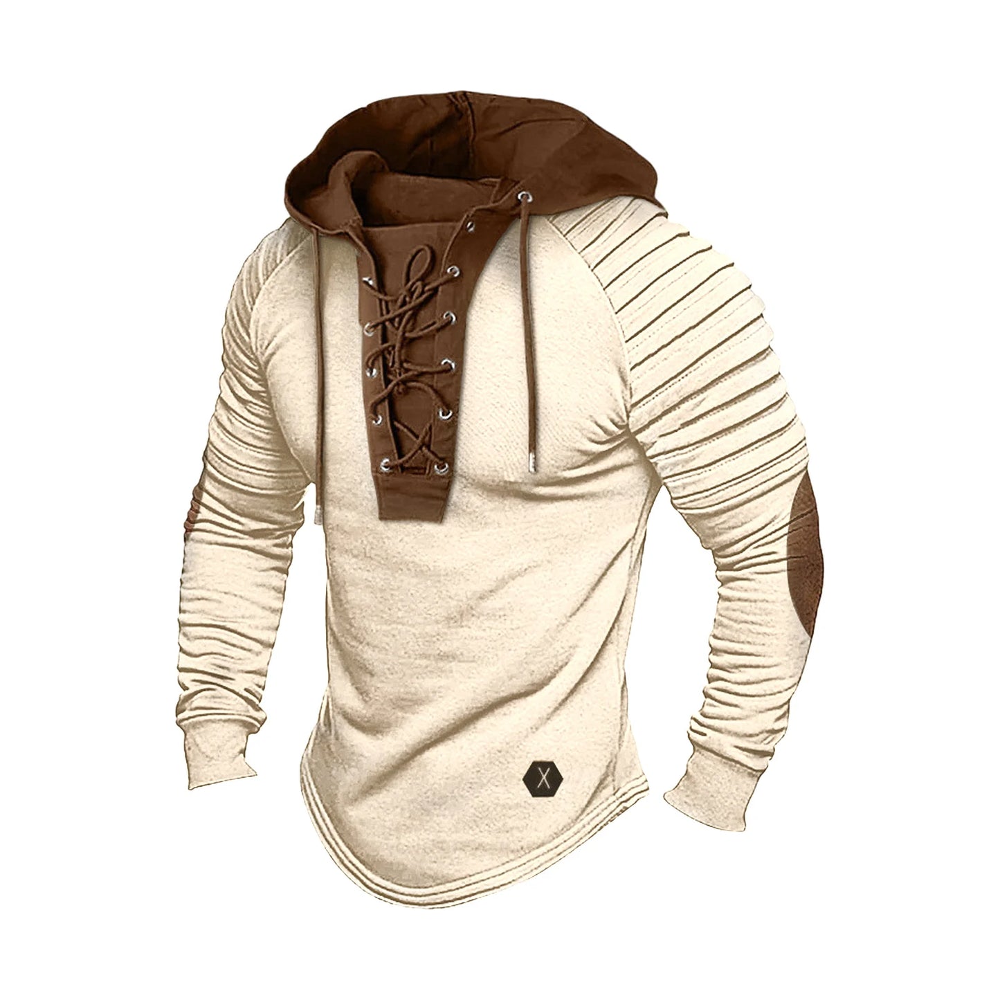 Men Spring Fall Hoodie Pleated Shoulder Colorblock Drawstring Hooded Top Long Sleeve Pullover Lace-up Retro Men Daily Hoodie